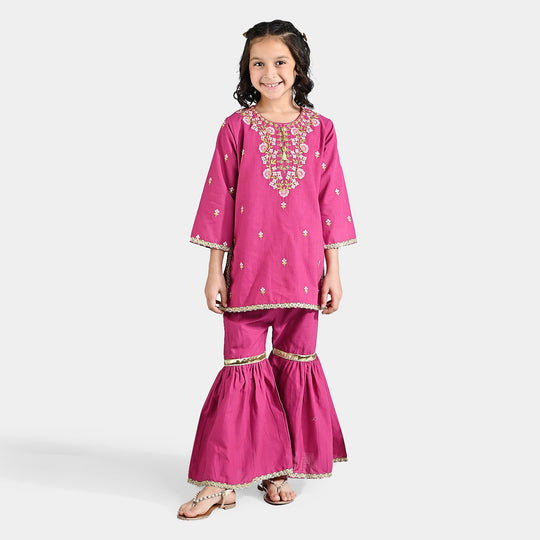 Girls Cotton Slub EMB 2 Pcs Anmol-Pink