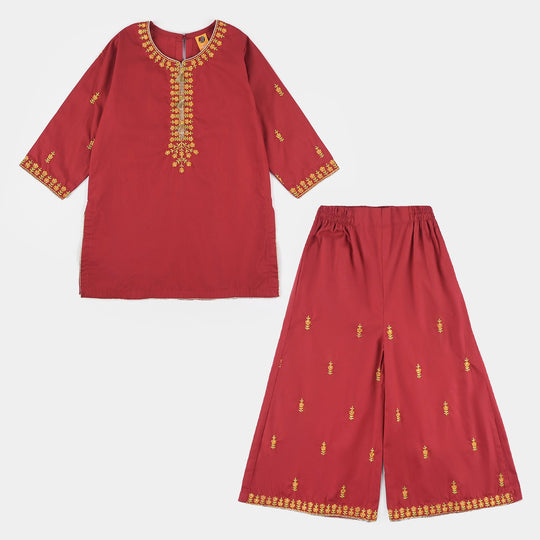 Girls Cotton Poplin EMB 2 Pcs Meenah-Red