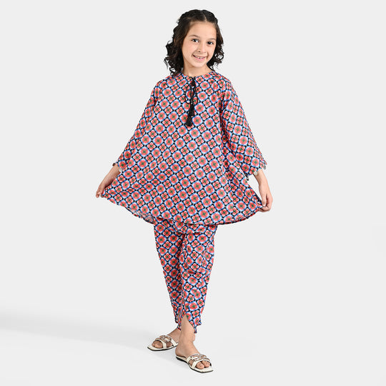 Girls Poly Lawn Printed 2 Pcs Phulkari-Multi