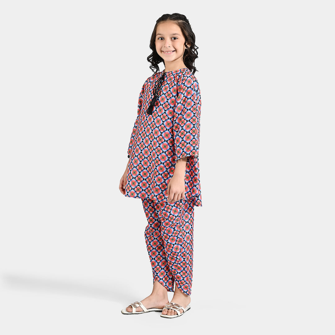 Girls Poly Lawn Printed 2 Pcs Phulkari-Multi