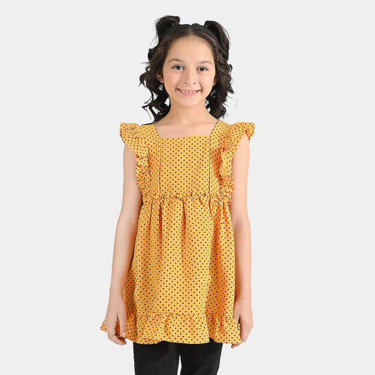 Girls Poly Cotton Casual Frock Black Dot - Mustard