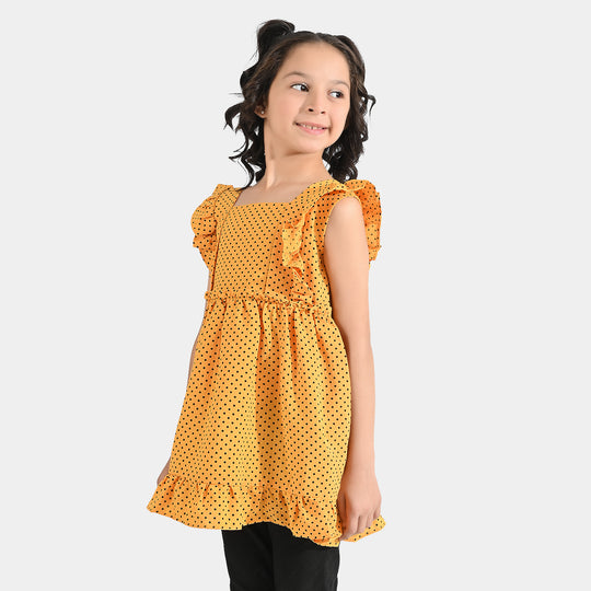 Girls Poly Cotton Casual Frock Black Dot - Mustard