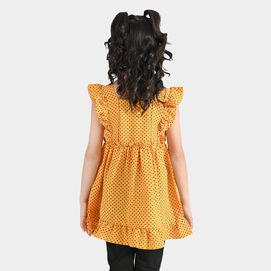 Girls Poly Cotton Casual Frock Black Dot - Mustard