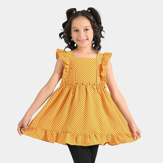 Girls Poly Cotton Casual Frock Black Dot - Mustard