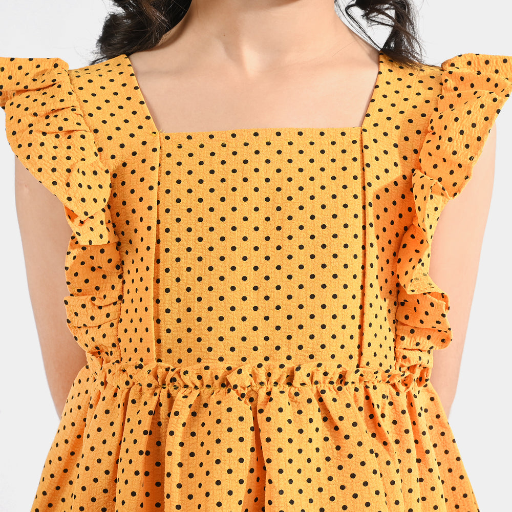 Girls Poly Cotton Casual Frock Black Dot - Mustard