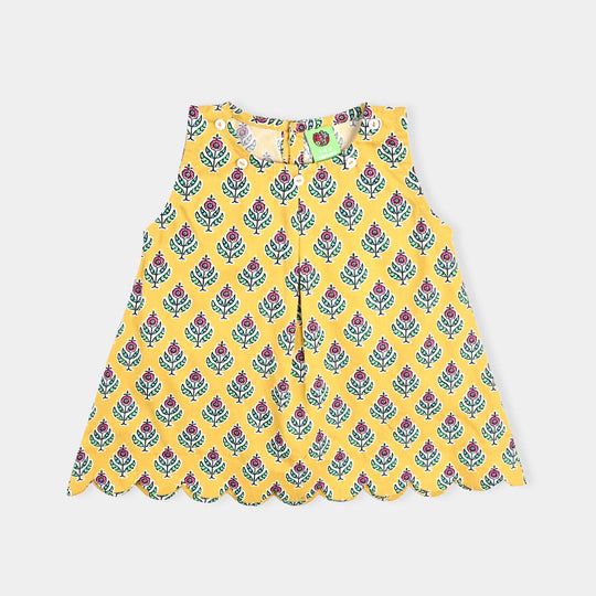 Infant Girls Cotton Poplin Printed Kurti Block Print-Yellow