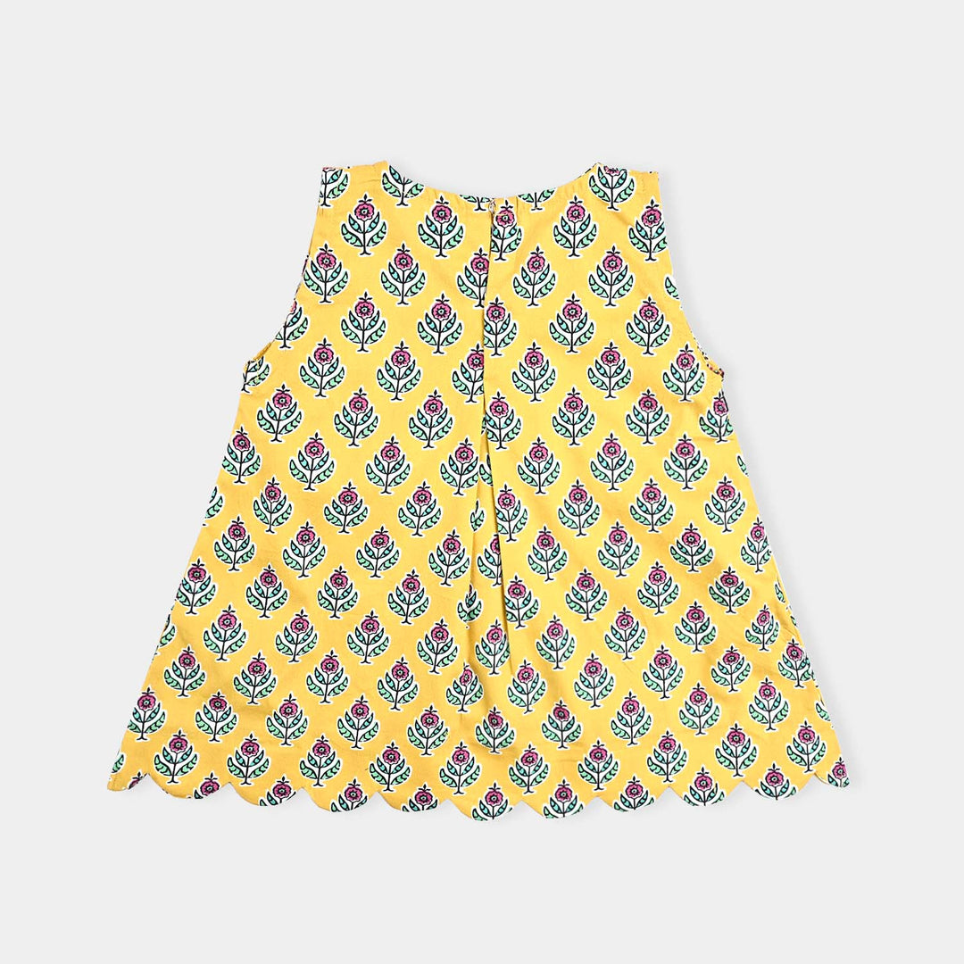 Infant Girls Cotton Poplin Printed Kurti Block Print-Yellow