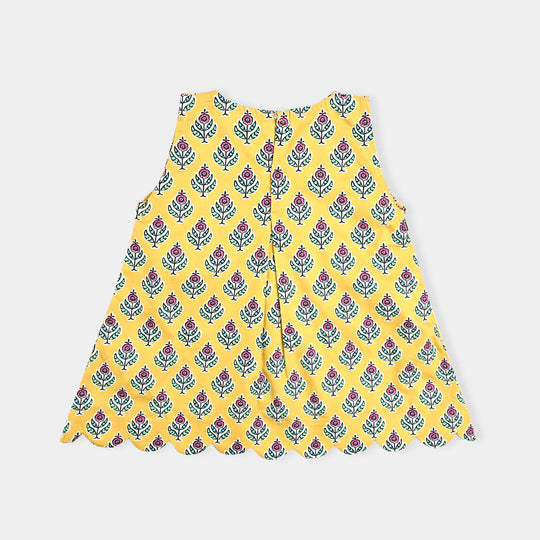 Infant Girls Cotton Poplin Printed Kurti Block Print-Yellow