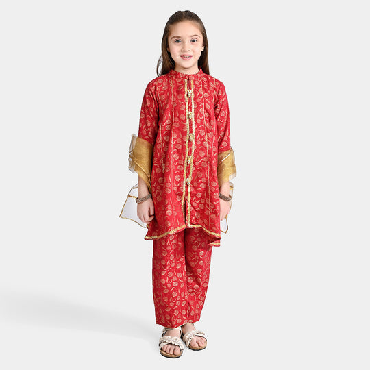 Girls Jacquard 3 Pcs Suit Gulistaan-Red