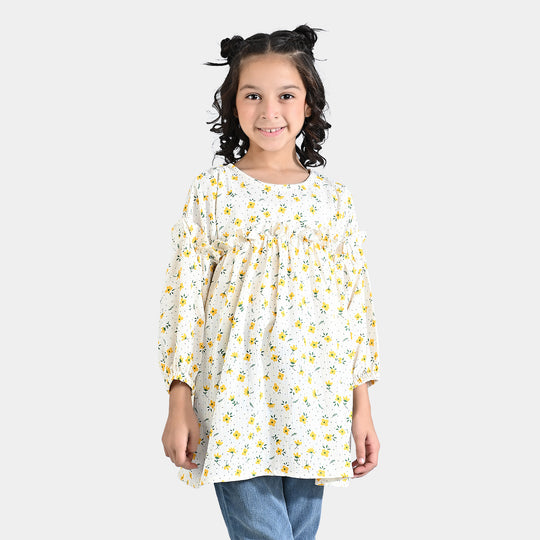 Girls Poly Cotton Casual Frock Ruffled-Off.White