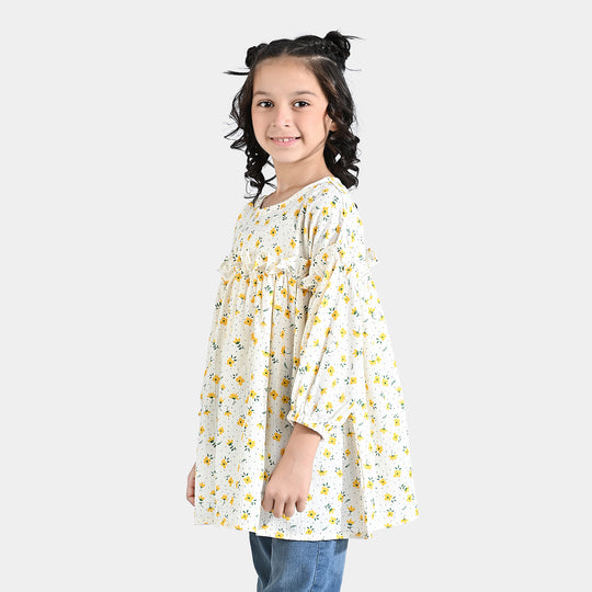 Girls Poly Cotton Casual Frock Ruffled-Off.White