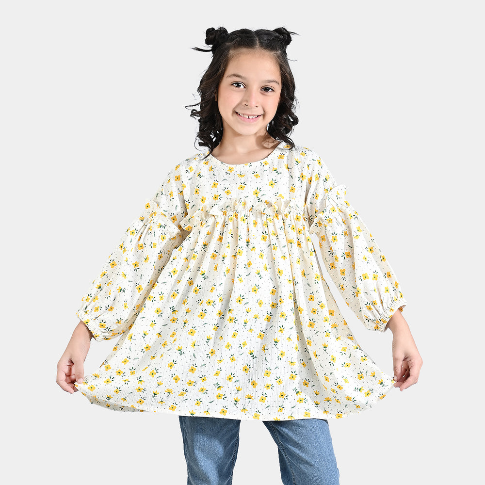 Girls Poly Cotton Casual Frock Ruffled-Off.White