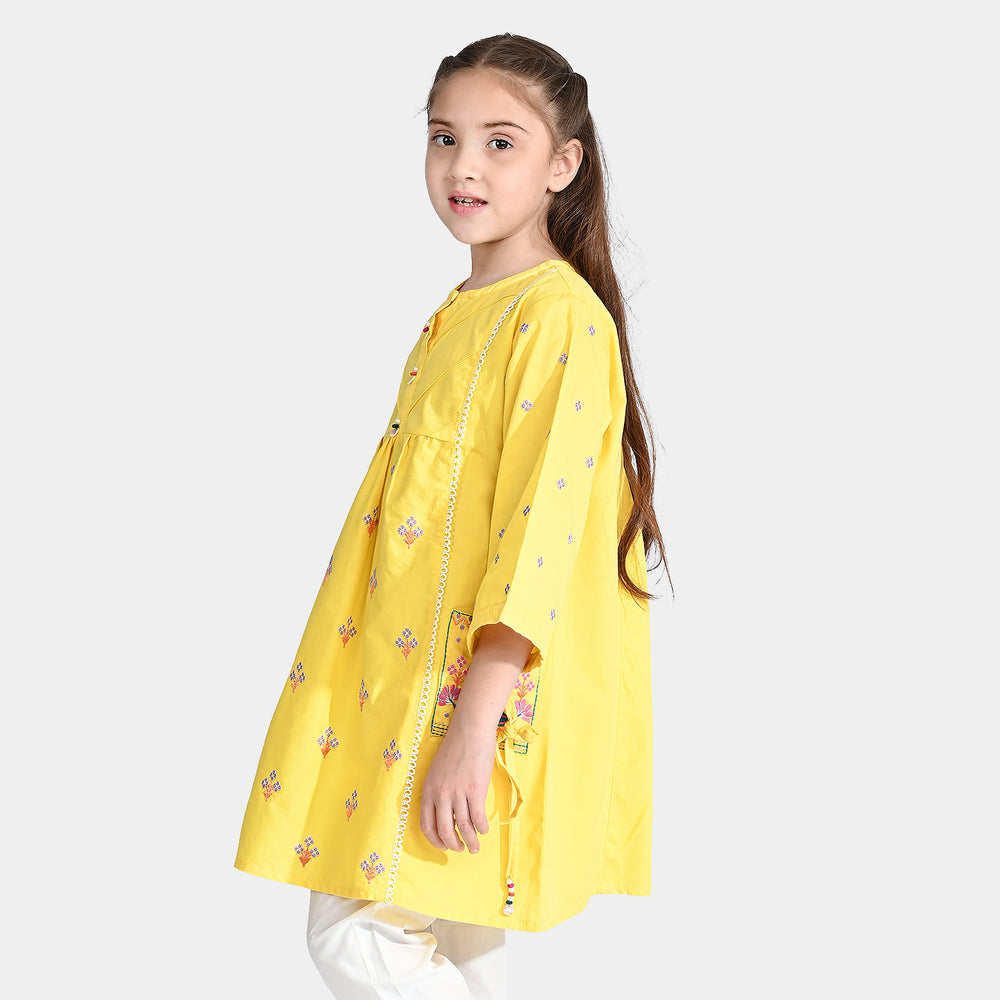 Girls Cotton Poplin Emb Long Kurti Moor-Yellow