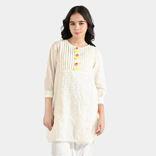 Girls Jacquard Kurti Color Blast-White