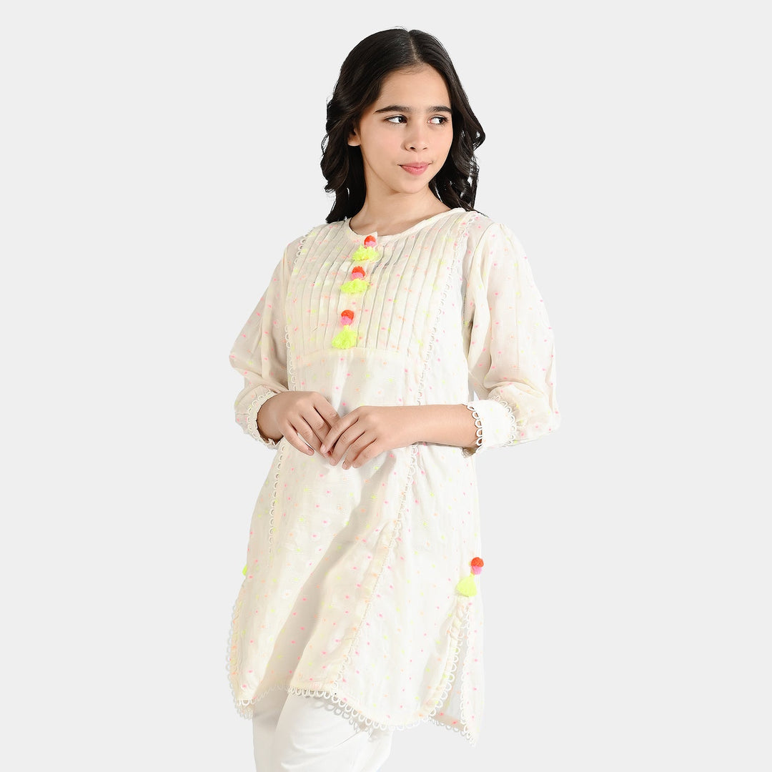 Girls Jacquard Kurti Color Blast-White