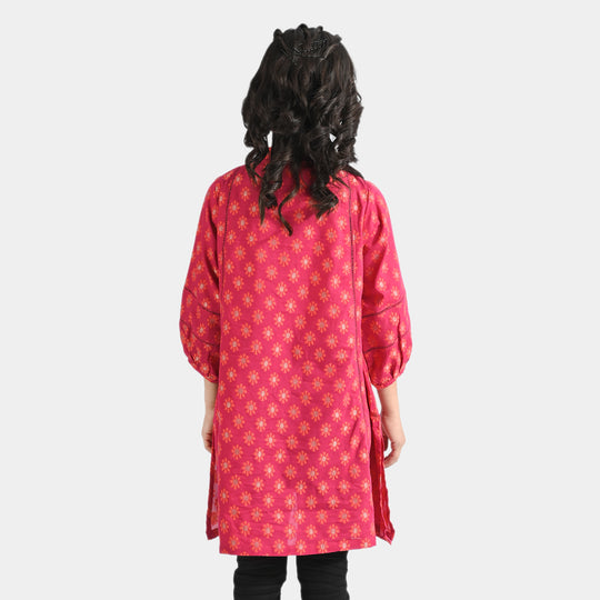 Girls Jacquard Kurti Phool-Magenta