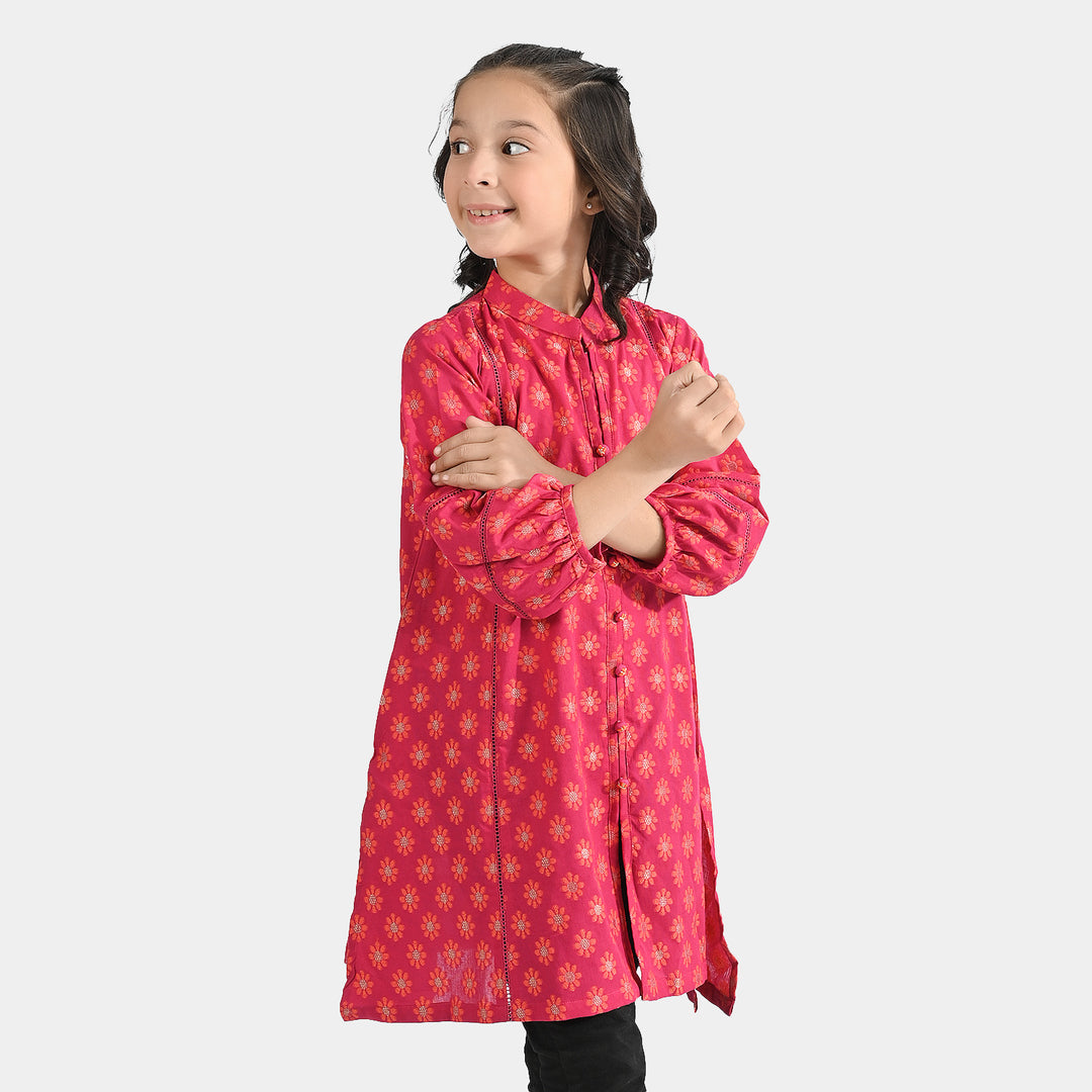 Girls Jacquard Kurti Phool-Magenta