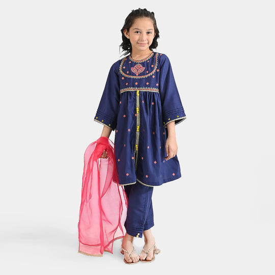 Girls Raw Silk 3 Pcs Seher-Navy Blue