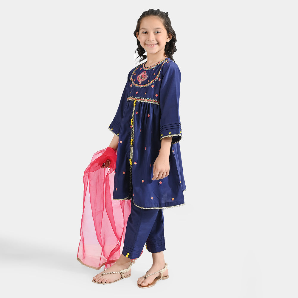 Girls Raw Silk 3 Pcs Seher-Navy Blue