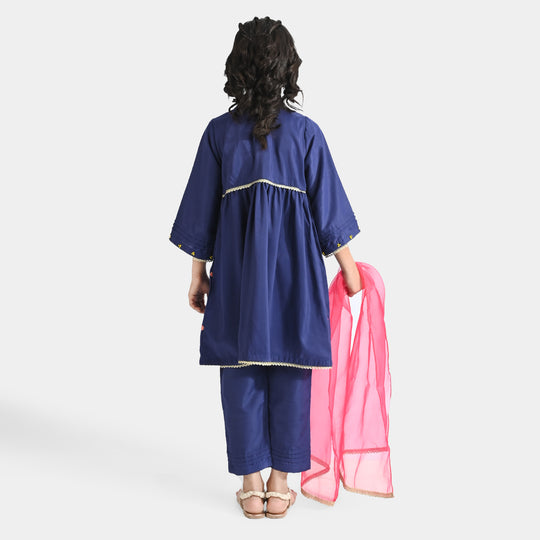 Girls Raw Silk 3 Pcs Seher-Navy Blue