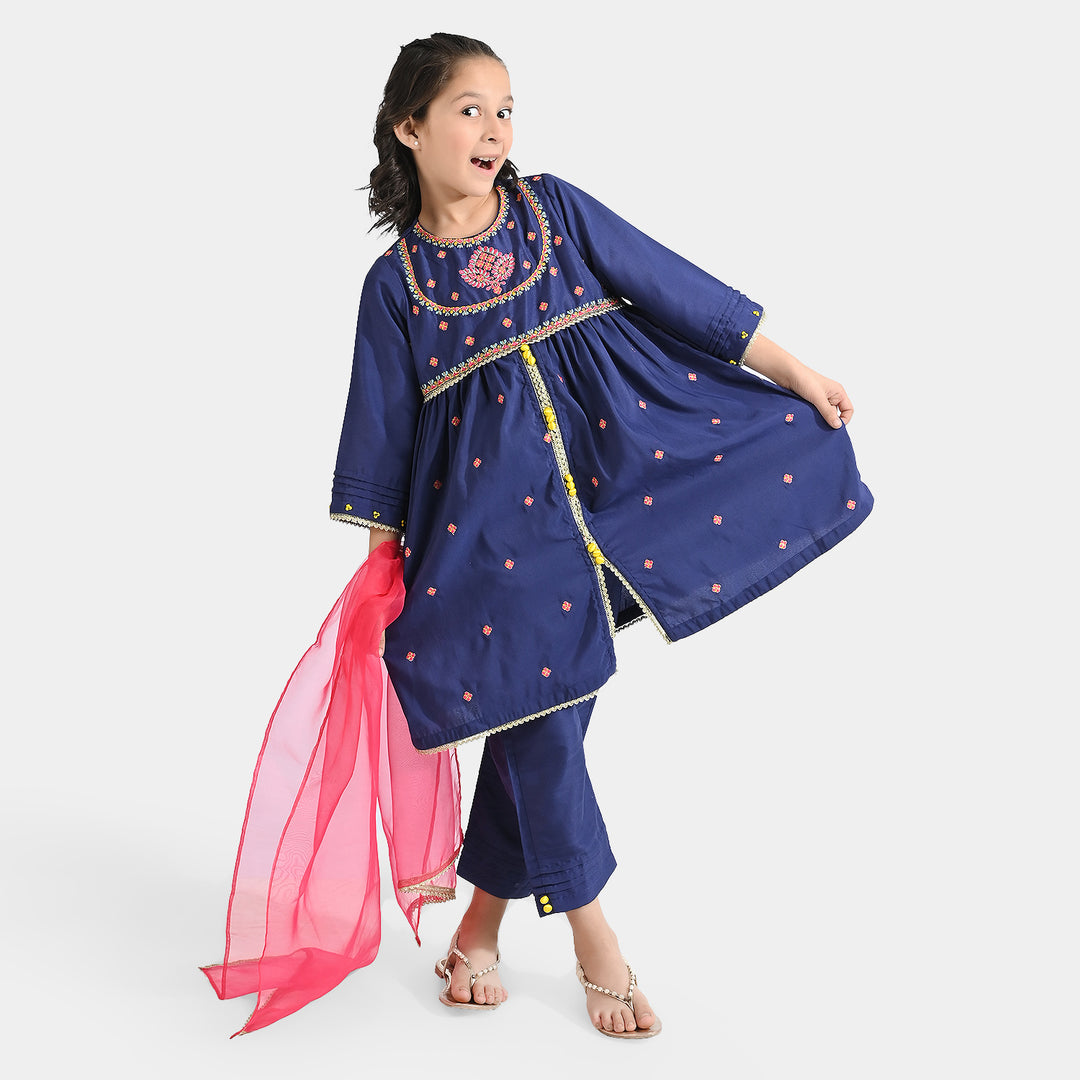 Girls Raw Silk 3 Pcs Seher-Navy Blue