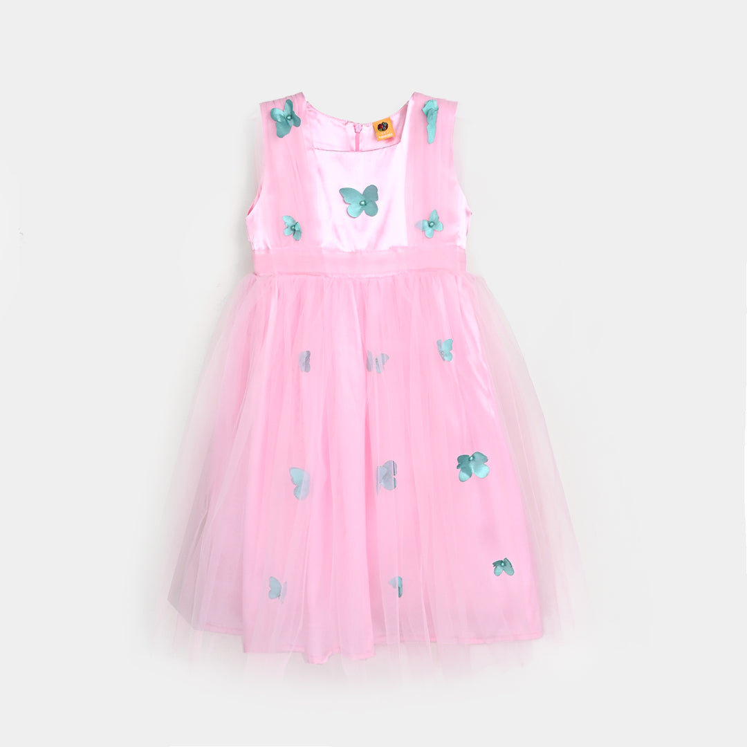 Girls Net Fancy Frock 3D Butterfly-Pink