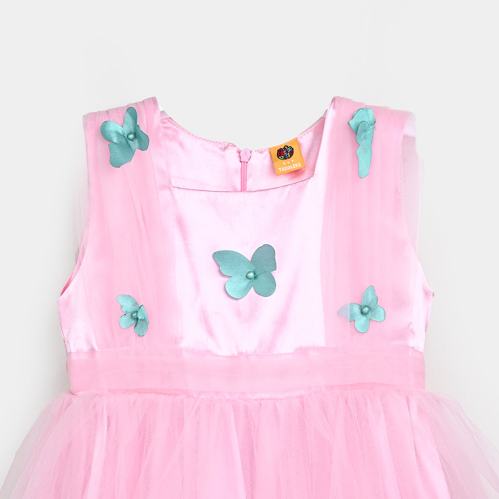 Girls Net Fancy Frock 3D Butterfly-Pink