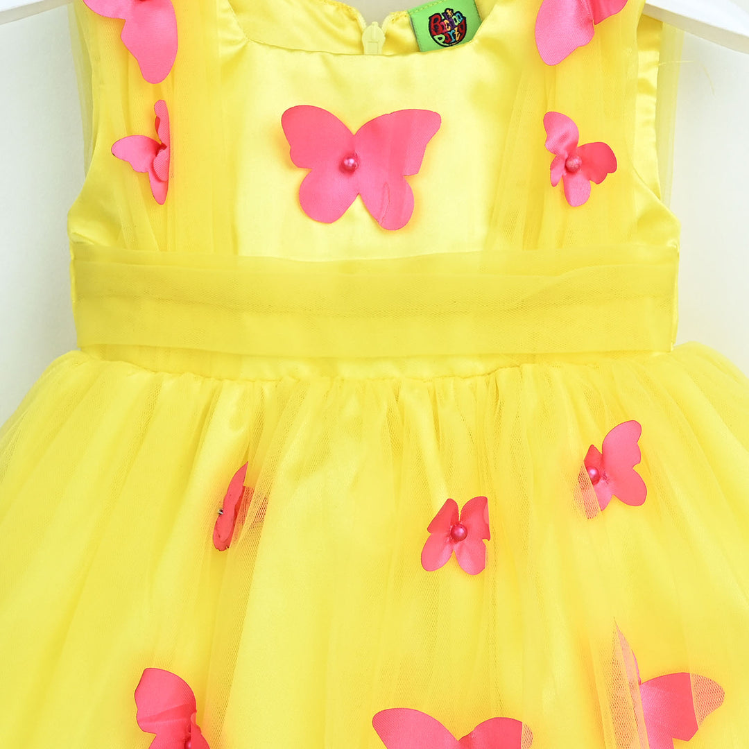 Infant Girls Net Fancy Frock 3D Butterfly-Yellow