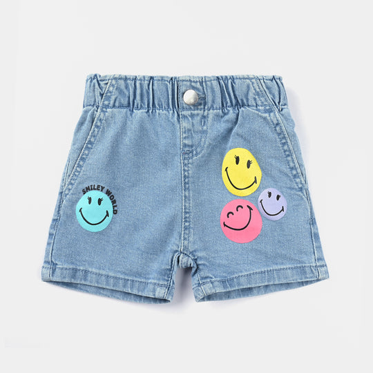 Infant Girls Denim Short Smiley World-Ice Blue