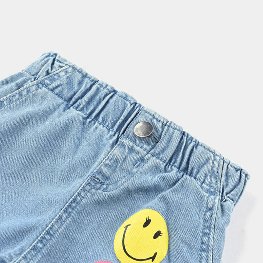 Infant Girls Denim Short Smiley World-Ice Blue