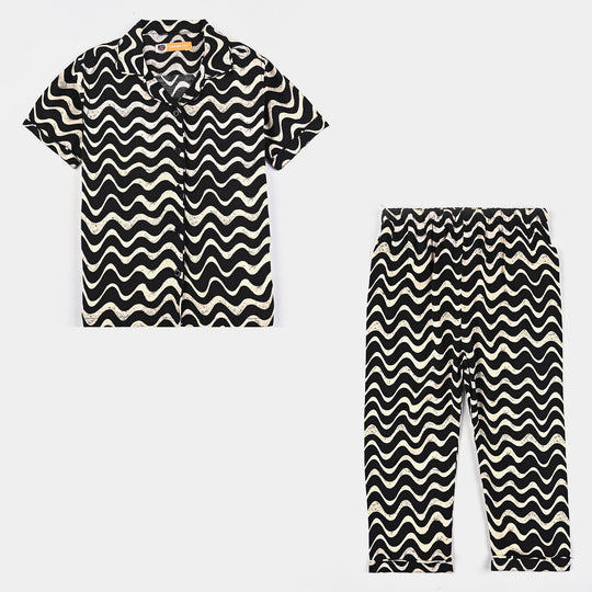 Girls Viscose Nightwear Wavy-Black/Cream