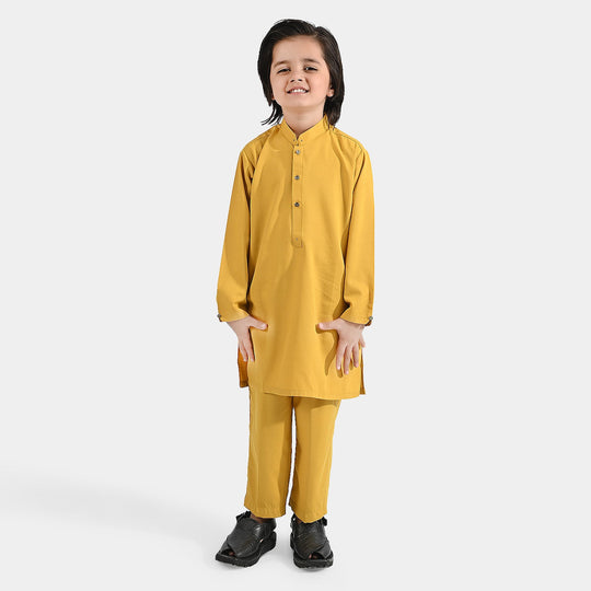 Boys Poly Viscose Kurta Pajama Suit (Cut Collar)-Mustard