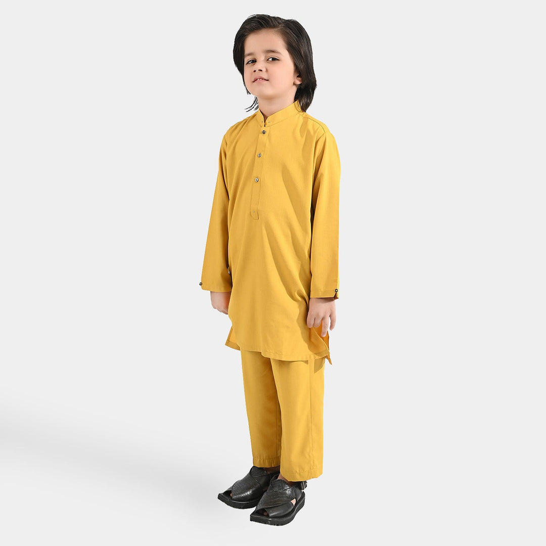 Boys Poly Viscose Kurta Pajama Suit (Cut Collar)-Mustard