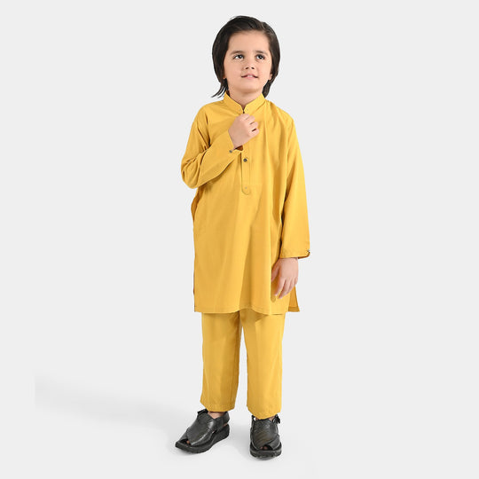 Boys Poly Viscose Kurta Pajama Suit (Cut Collar)-Mustard