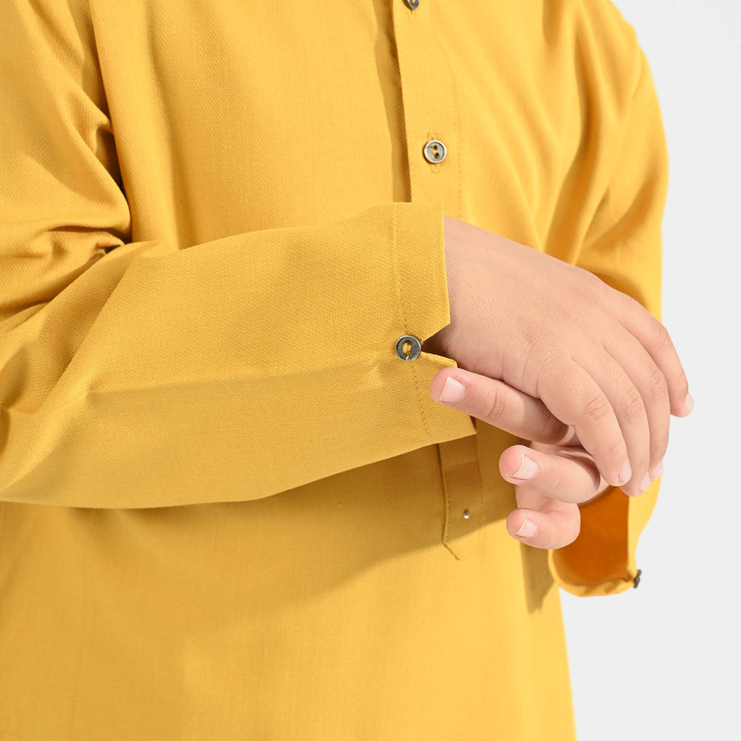 Boys Poly Viscose Kurta Pajama Suit (Cut Collar)-Mustard