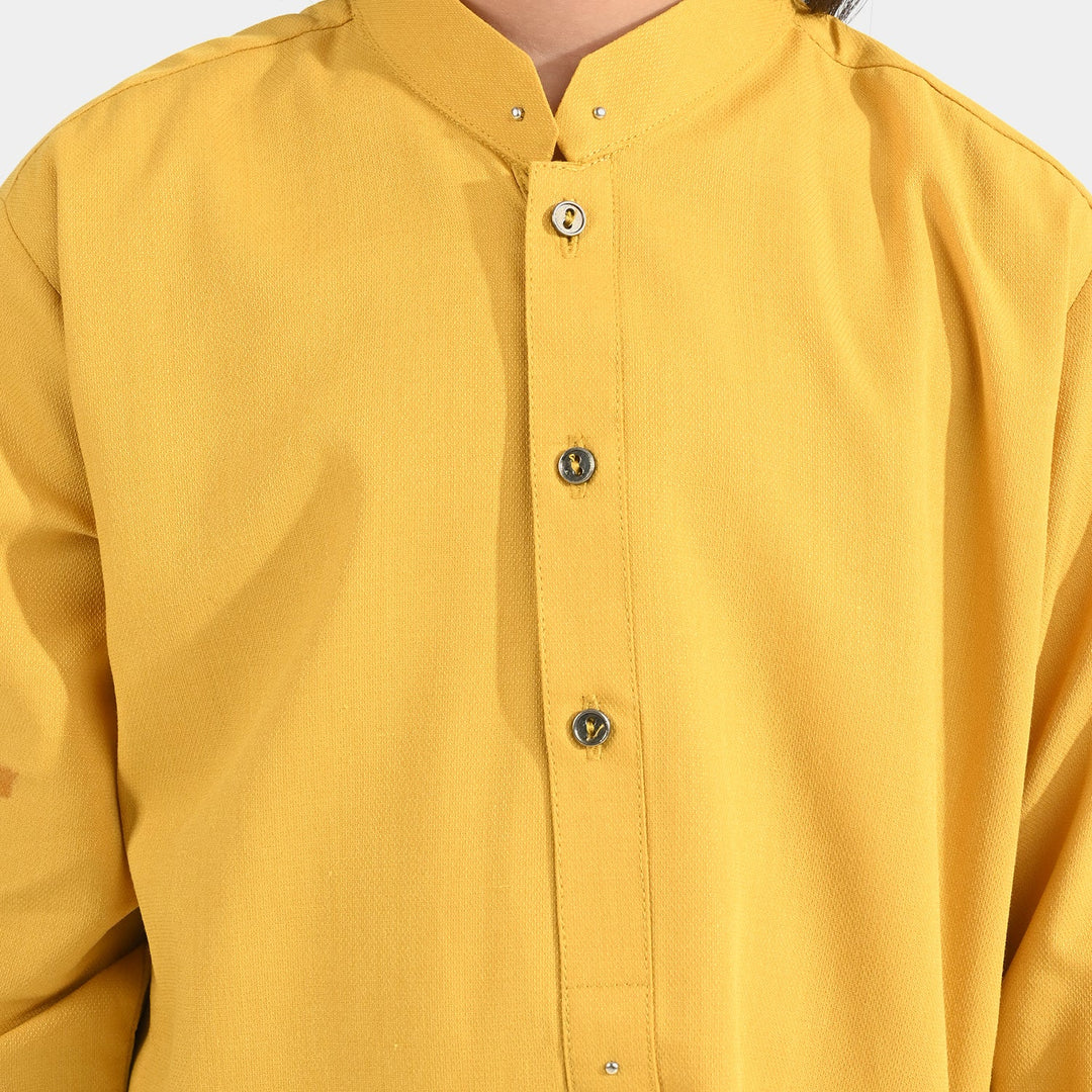 Boys Poly Viscose Kurta Pajama Suit (Cut Collar)-Mustard