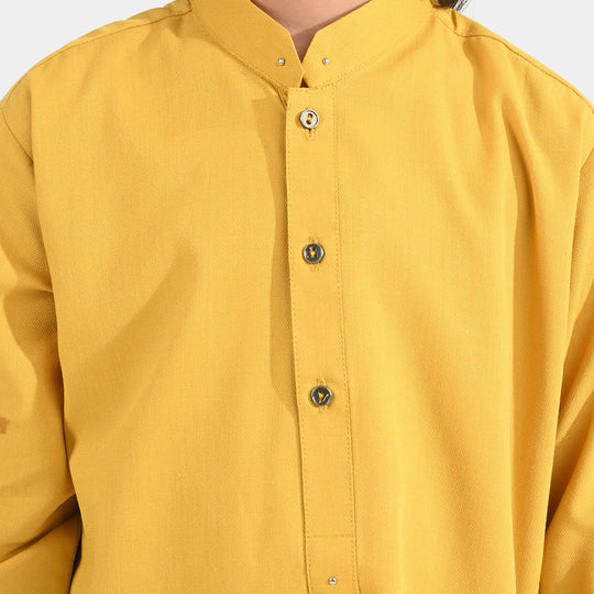 Boys Poly Viscose Kurta Pajama Suit (Cut Collar)-Mustard