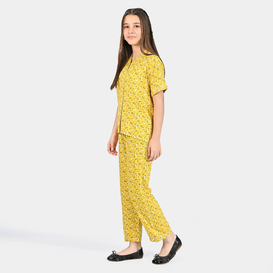 Girls Viscose Nightwear White Flowers-Yellow