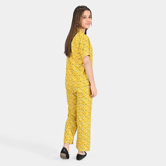 Girls Viscose Nightwear White Flowers-Yellow