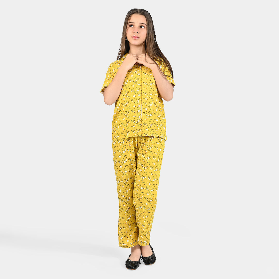 Girls Viscose Nightwear White Flowers-Yellow