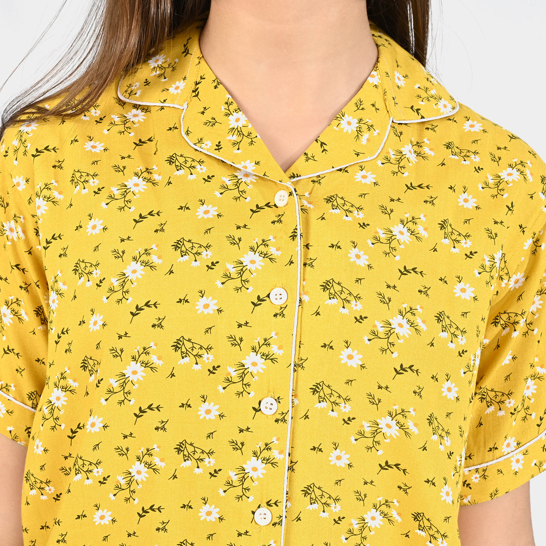 Girls Viscose Nightwear White Flowers-Yellow