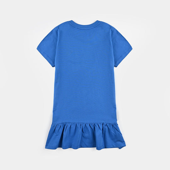 Girls Cotton Jersey Knitted Frock-D.Blue