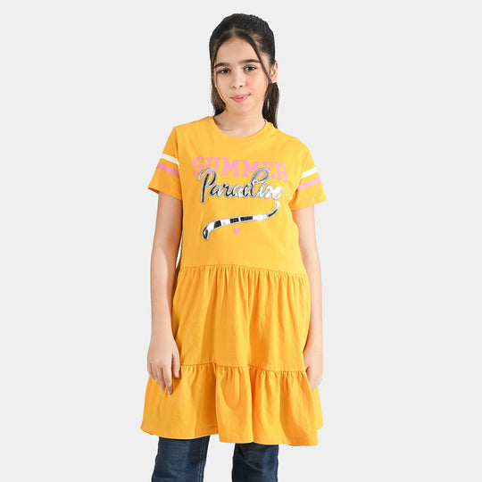 Girls Cotton Jersey Knitted Frock Summer Paradise-Citrus