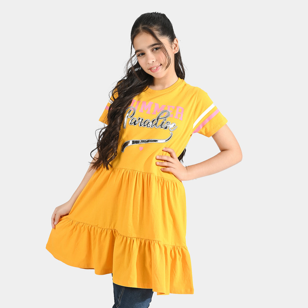 Girls Cotton Jersey Knitted Frock Summer Paradise-Citrus