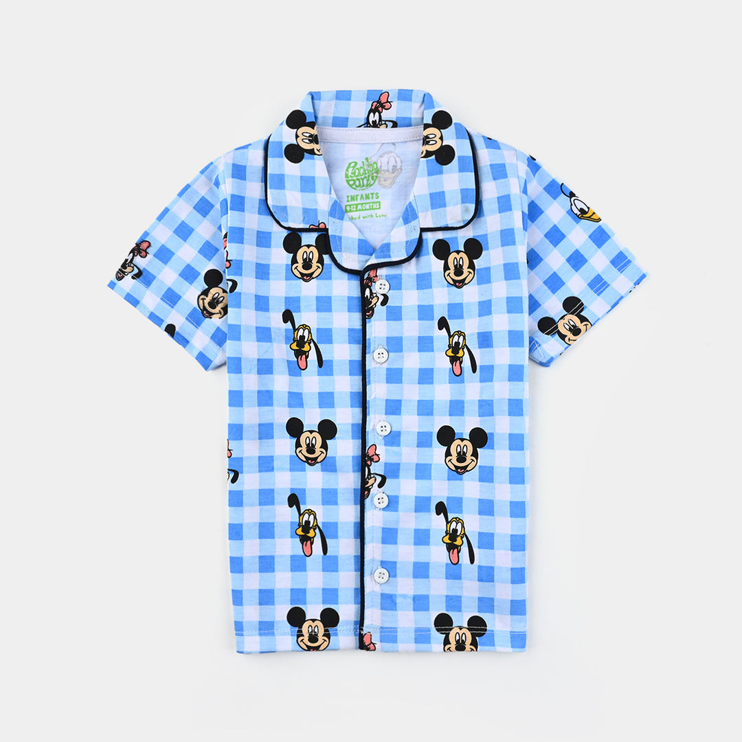 Infant Boys Poly cotton Jersey Night Suit Mickey Allover Print-Navy Blue