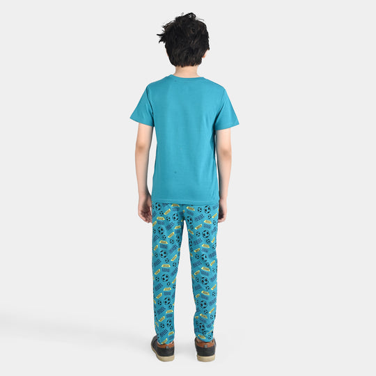 Boys Poly Cotton Jersey Nightwear Eat Sleep Football-Teal