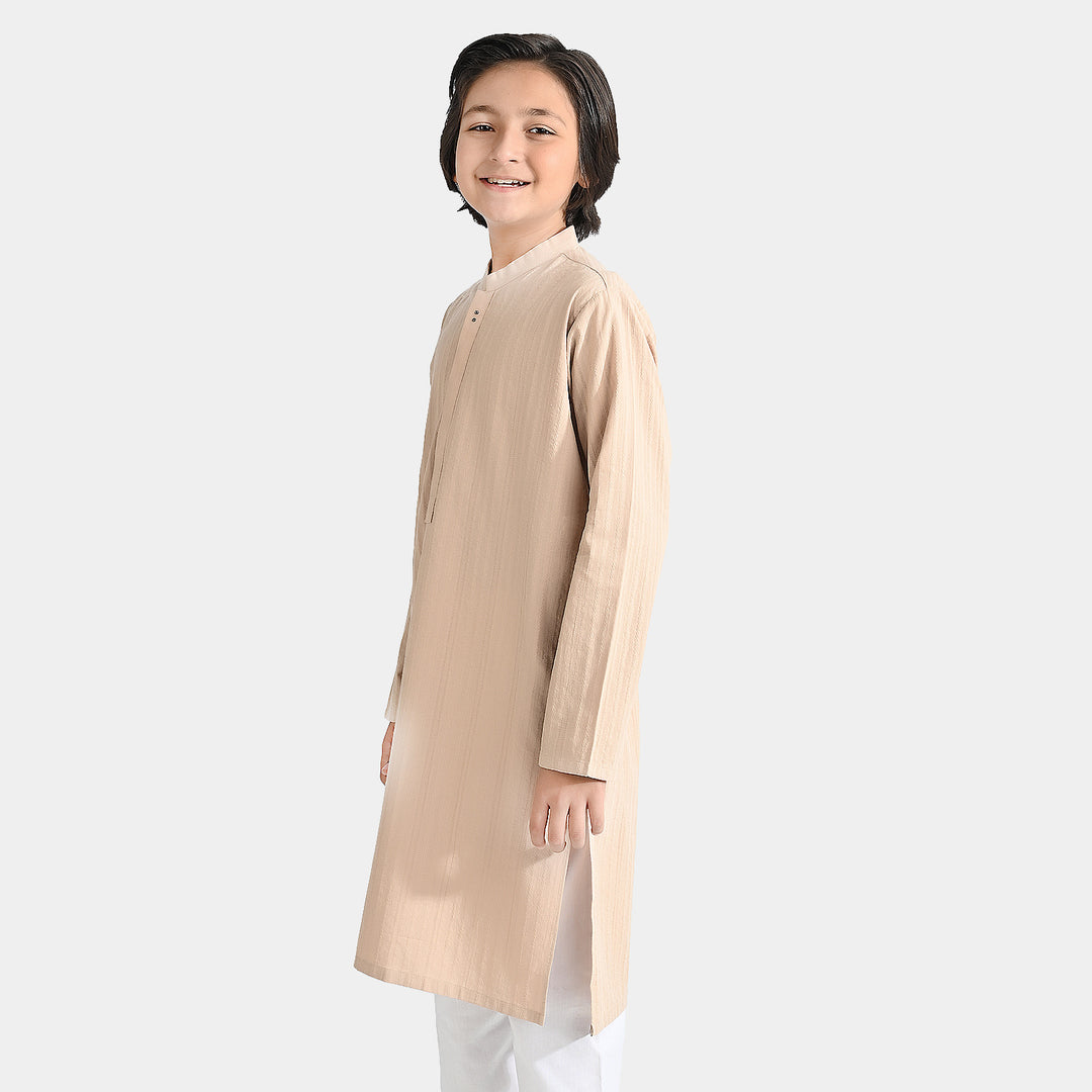 Boys Cotton Jacquard Basic Kurta (Textured)-BEIGE