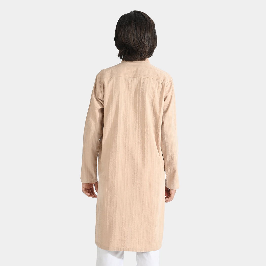 Boys Cotton Jacquard Basic Kurta (Textured)-BEIGE