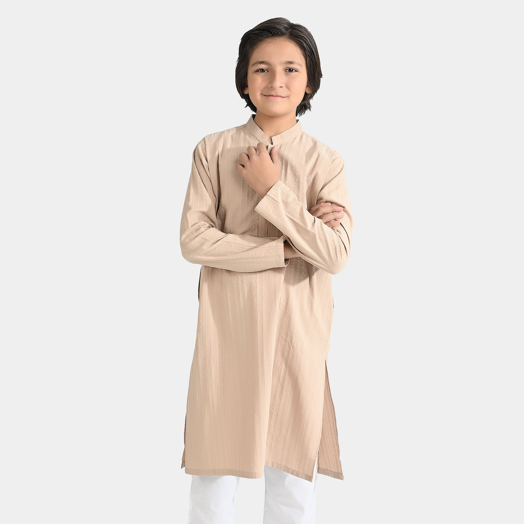 Boys Cotton Jacquard Basic Kurta (Textured)-BEIGE