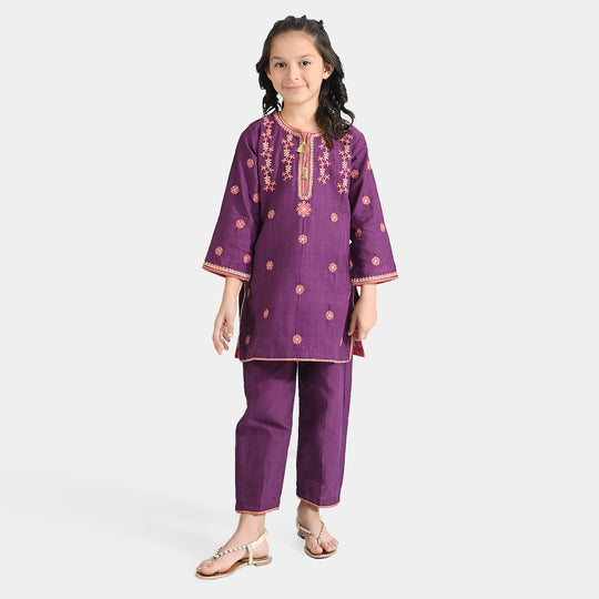 Girls Cotton Slub 2 EMB Pcs Bano-Purple